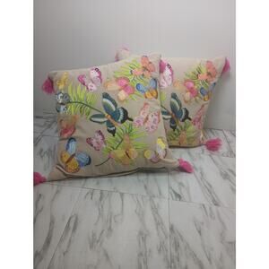 Magaschoni Linen Butterfly Embroidered Decorative Pillows Lot of 2 tassels